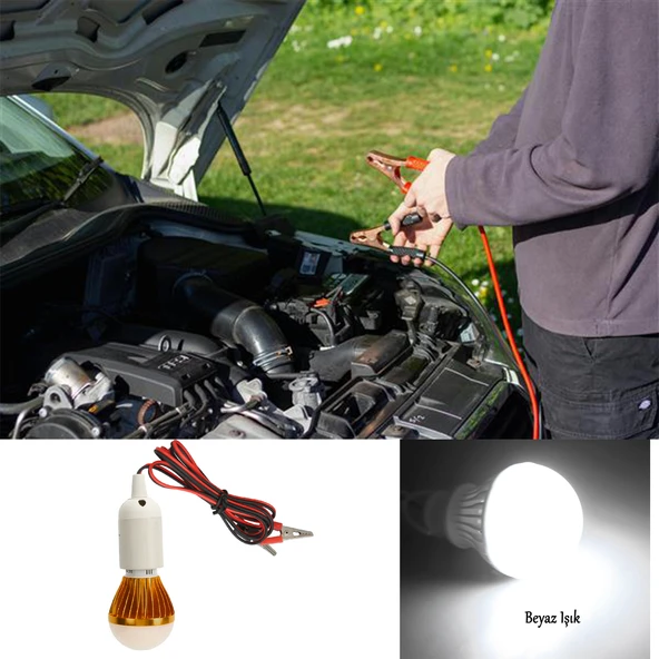 Akü Pensli 4 Metre Kablolu 12 V Tasarruflu Seyyar Led Ampul 5W Lamba Anahtarlı Aydınlatma Beyaz Işık - 4
