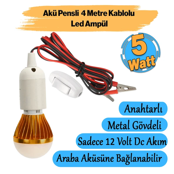 Akü Pensli 4 Metre Kablolu 12 V Tasarruflu Seyyar Led Ampul 5W Lamba Anahtarlı Aydınlatma Beyaz Işık