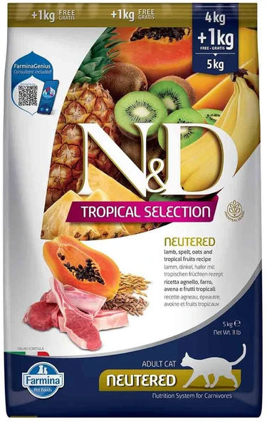 N&D Tropical Selection Düşük Tahıllı Kuzulu Tropikal Meyveli Kısırlaştırılmış Yetişkin Kedi Maması 4 KG + 1 KG