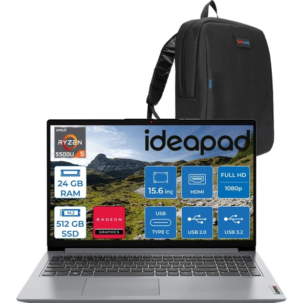 Ideapad 1 15ALC7 Amd Ryzen 5 5500U 24GB 512GB SSD Amd Radeon Graphics Freedos 15.6" Fullhd Taşınabilir Bilgisayar Gri 82R400S7TXF17 + Zetta Çanta