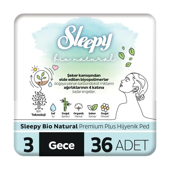 Sleepy Bio Natural Premium Plus Hijyenik Ped Gece 36 Adet Ped ürün görseli