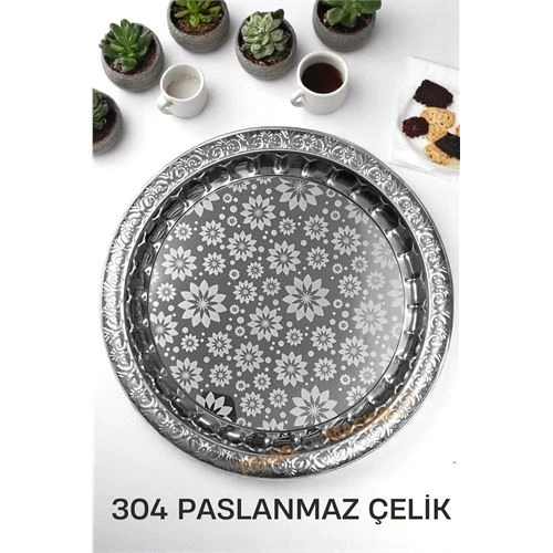 Servis Tepsisi - Çelik Çay Tepsisi  Şık Desenli Tepsi 36 CM
