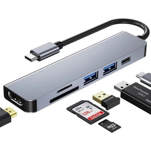 DAYTONA HC13C 6'lı USBType-C DOCKING STATION (Giriş:Tip-C=>Çıkış:2*USB3.0+HDMI+SD+Mic.SD+Tip-C)