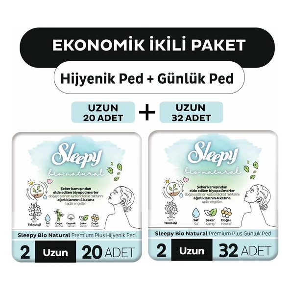 Sleepy Bio Natural Premium Plus Hijyenik Ped Uzun 20'li + Günlük Ped Uzun 32'li ürün görseli