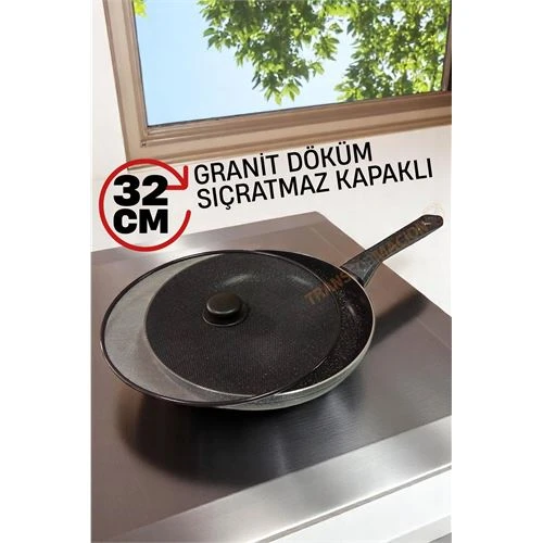 Granit Döküm Tava Yağ Sıçratmaz Kapaklı -Yapışmaz Taban 32 Cm