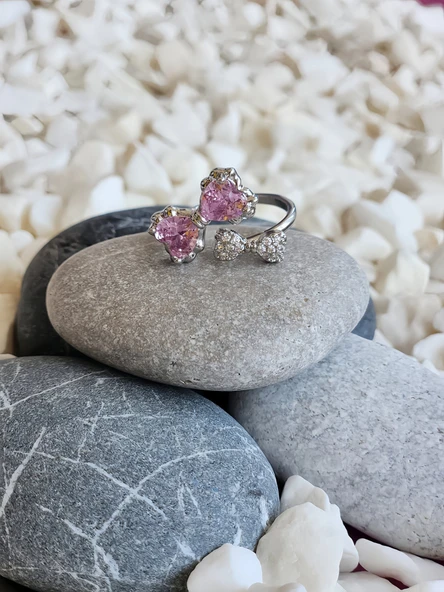 Papyon Fiyonk Model Pembe Taşlı Ayarlanabilir Silver Renk Çelik Yüzük
