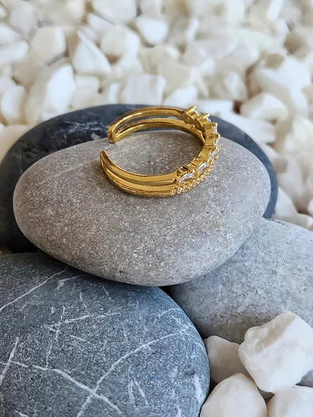 İki Sıralı Damla Taş Model Ayarlanabilir Gold Renk Çelik Yüzük - 2