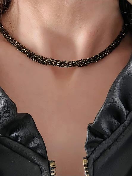 Zırh Örgü Zincir Model Çelik Zincir Dokuma Siyah Gold El Yapımı Kolye - Resim 3