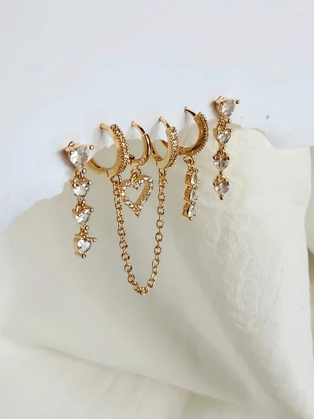 6'lı Kalp Baget Model Altın Kaplama Gold Küpe Seti - 3