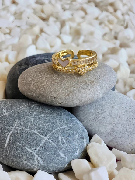 İki Sıralı Sedefli Kalp Tam Tur Model Taş Model Ayarlanabilir Gold Renk Çelik Yüzük