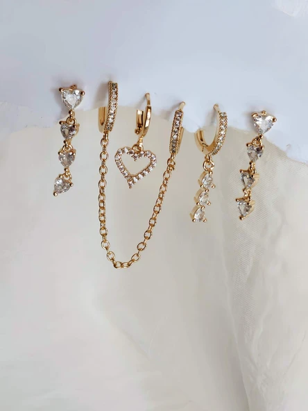 6'lı Kalp Baget Model Altın Kaplama Gold Küpe Seti