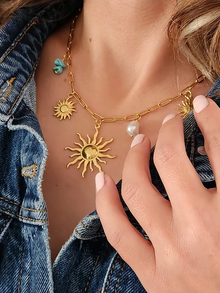 Güneş İnci Firuze Taş Model Charmlı Yaz Beach Plaj Tatil Kolye 46cm ürün görseli