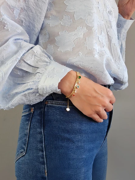 Renkli Baget Figürlü Gurmet Model Gold Renk Çelik Bileklik - Resim 4