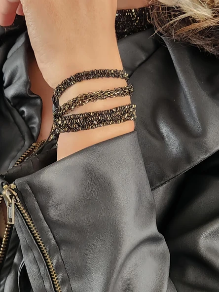 Zincir Dokuma Kordon El Yapımı Otantik Siyah Gold Renkli Bileklik - 5