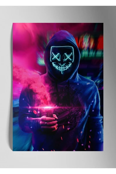 Metal Baskı Parlak Duvar Tablosu - Neon Maske