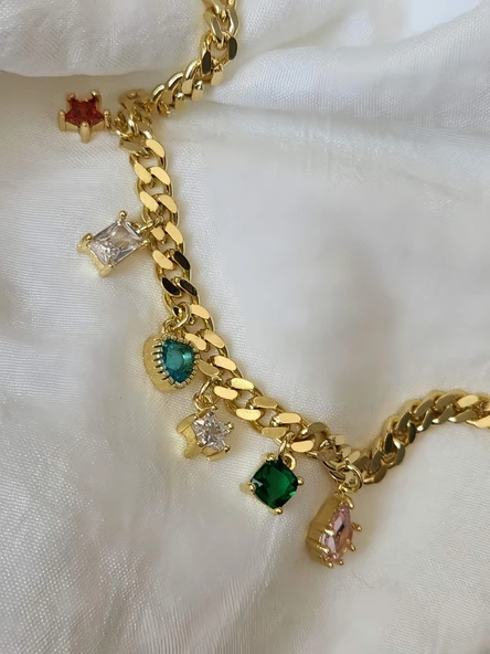 Renkli Baget Figürlü Gurmet Model Gold Renk Çelik Bileklik - Resim 2