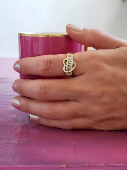 Kalp Figürlü Yarım Tur Formlu Ayarlanabilir Gold Renk Çelik Yüzük - 4