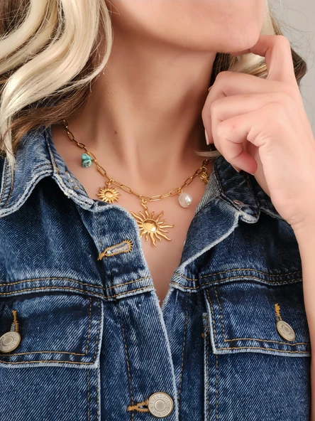 Güneş İnci Firuze Taş Model Charmlı Yaz Beach Plaj Tatil Kolye 46cm - Resim 3