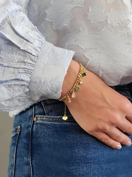 Renkli Baget Figürlü Gurmet Model Gold Renk Çelik Bileklik - Resim 3