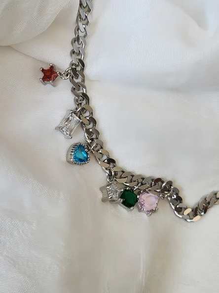 Renkli Baget Gurmet Model Silver Renk Çelik Bileklik - Resim 2