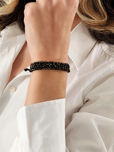 Zincir Dokuma Kordon El Yapımı Otantik Siyah Gold Renkli Bileklik - 3