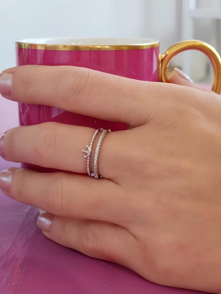 Taç Model Minimalist Taşlı Model Ayarlanabilir Silver Renk Çelik Yüzük - 3