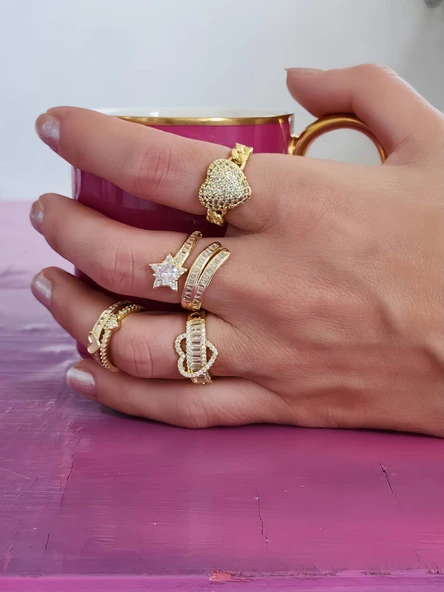 Kalp Figürlü Yarım Tur Formlu Ayarlanabilir Gold Renk Çelik Yüzük - 5