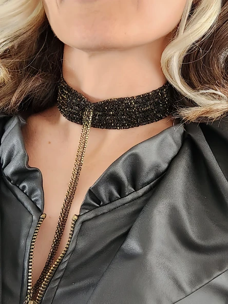 Sıralı Zincir Dokuma Sallantılı Vücut Tasma Choker Siyah Gold El Yapımı Kolye - 2