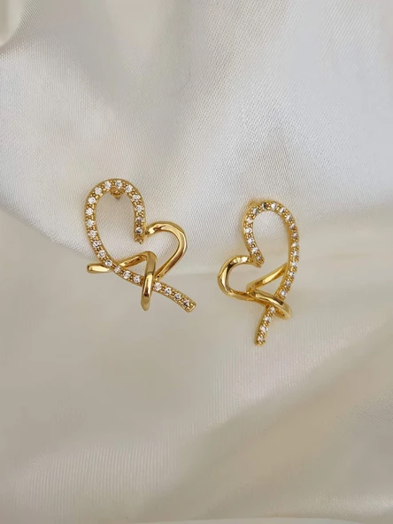Kalp M Model Zirkon Taşlı Gold Renk Küpe