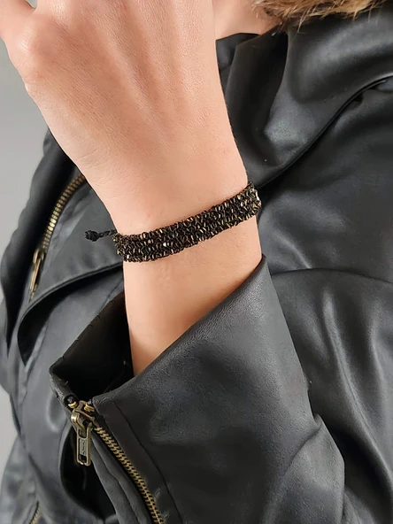 Zincir Dokuma Kordon El Yapımı Otantik Siyah Gold Renkli Bileklik