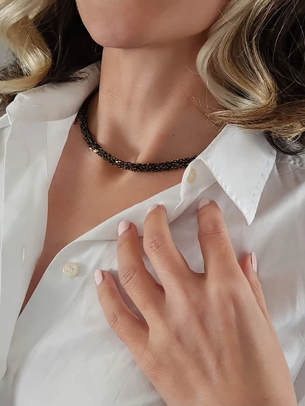 Zırh Örgü Zincir Model Çelik Zincir Dokuma Siyah Gold El Yapımı Kolye - Resim 4