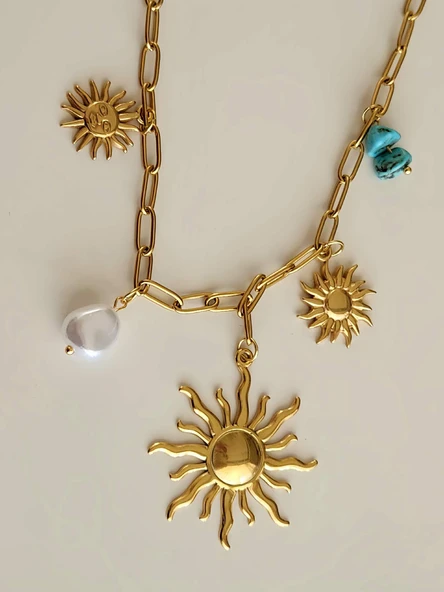 Güneş İnci Firuze Taş Model Charmlı Yaz Beach Plaj Tatil Kolye 46cm - Resim 4