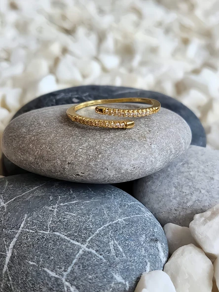 Paralel Çubuk Taşlı Ayarlanabilir Gold Renk Çelik Yüzük