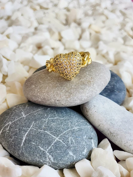Kalp Figürlü Zincir Formlu Ayarlanabilir Gold Renk Çelik Yüzük