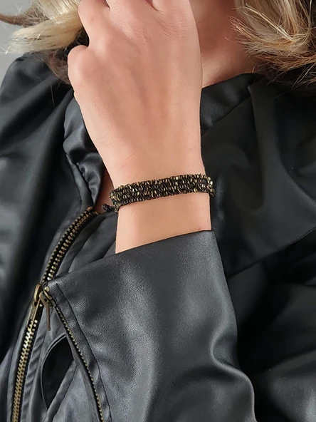 Zincir Dokuma Kordon El Yapımı Otantik Siyah Gold Renkli Bileklik - 2