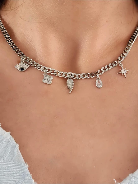 Nazar Kanat Yonca Kutup Yıldızı Figürlü Gurmet Zincir Model Silver Kolye - 3