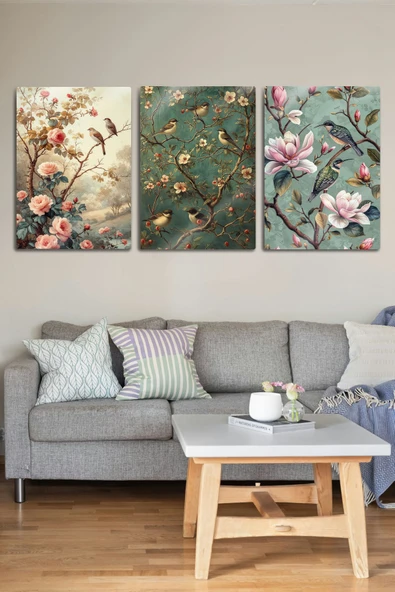 Parlak Canlı Metal Baskı - 3'lü Sanatsal Kuş Figürlü Dekoratif Tablo - Resim 2