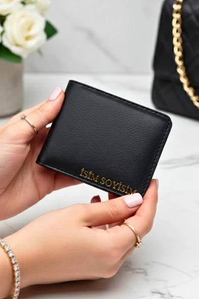 Kişiye Özel İsim Yazılı Siyah Vegan Deri Cüzdan – 8 Kartlık – Çift Para Gözlü – Çıtçıt Kapamalı – Unisex – Hediye Kutulu - Resim 2