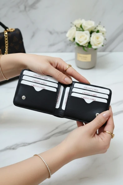 Kişiye Özel İsim Yazılı Siyah Vegan Deri Cüzdan – 8 Kartlık – Çift Para Gözlü – Çıtçıt Kapamalı – Unisex – Hediye Kutulu - Resim 4