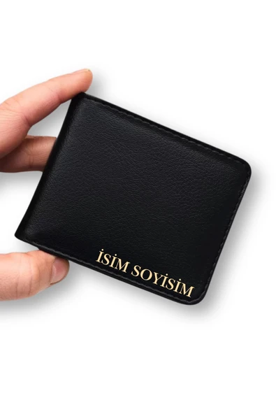 Kişiye Özel İsim Yazılı Siyah Vegan Deri Cüzdan – 8 Kartlık – Çift Para Gözlü – Çıtçıt Kapamalı – Unisex – Hediye Kutulu
