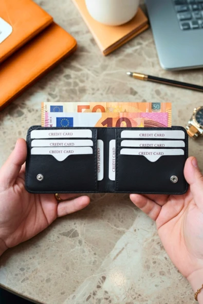 Kişiye Özel İsim Yazılı Siyah Vegan Deri Cüzdan – 8 Kartlık – Çift Para Gözlü – Çıtçıt Kapamalı – Unisex – Hediye Kutulu - Resim 5