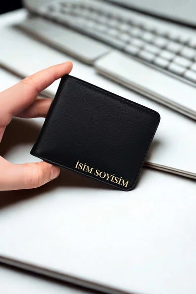 Kişiye Özel İsim Yazılı Siyah Vegan Deri Cüzdan – 8 Kartlık – Çift Para Gözlü – Çıtçıt Kapamalı – Unisex – Hediye Kutulu ürün görseli