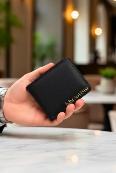 Kişiye Özel İsim Yazılı Siyah Vegan Deri Cüzdan – 8 Kartlık – Çift Para Gözlü – Çıtçıt Kapamalı – Unisex – Hediye Kutulu - Resim 6