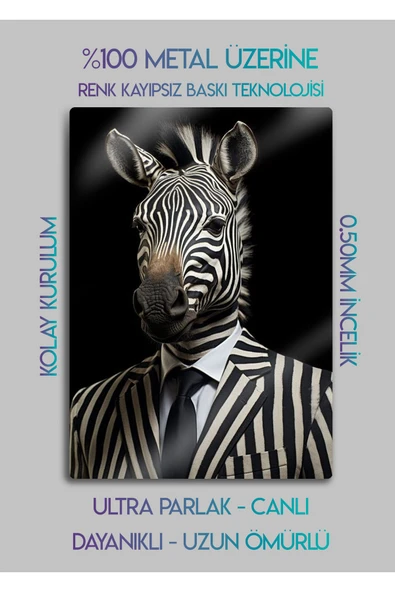 Takım Elbiseli Zebra, Çizgili - Sanatsal Metal Hayvan Tablosu - 2