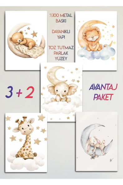 Çocuk, Bebek Odası, Uykucu Hayvanlar Alemi, 5'li Dekoratif Metal Tablo - 2