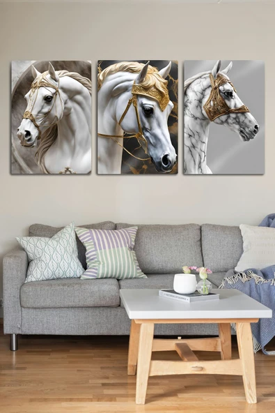 Metal Baskı - 3'lü Gold Arabian Horse - Dekoratif At Tablosu - 3