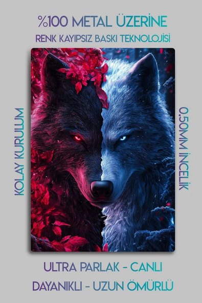 Metal Baskı - Mitolojik Kurt Bordo Mavi Türk, Dekoratif Tablo - Resim 2