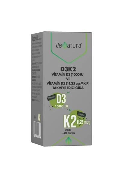 Venatura D3K2 Vitamin D3 1000 IU ve Vitamin K2 11,25 mcg MK-7 Takviye Edici Gıda 20 ml
