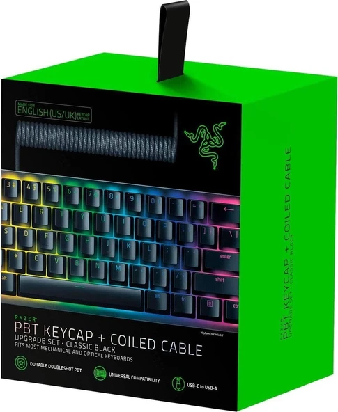Razer PBT Tuş Kapağı Yükseltme Seti Sarmal Kablolu - Arka Işık Uyumlu (Parlamaya Dayanıklı Malzeme, Ultra İnce Yazı Tipi ile Çift Katlı Kalıplama, Sarmal Kablo) ABD Düzeni | Siyah