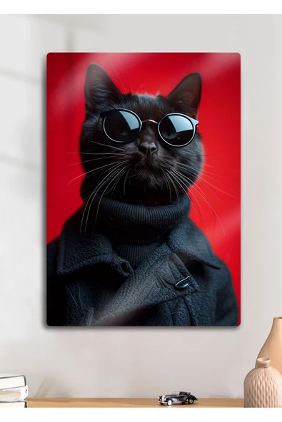 Stilist Gözlüklü Kedi, Cat - Metal Tablo